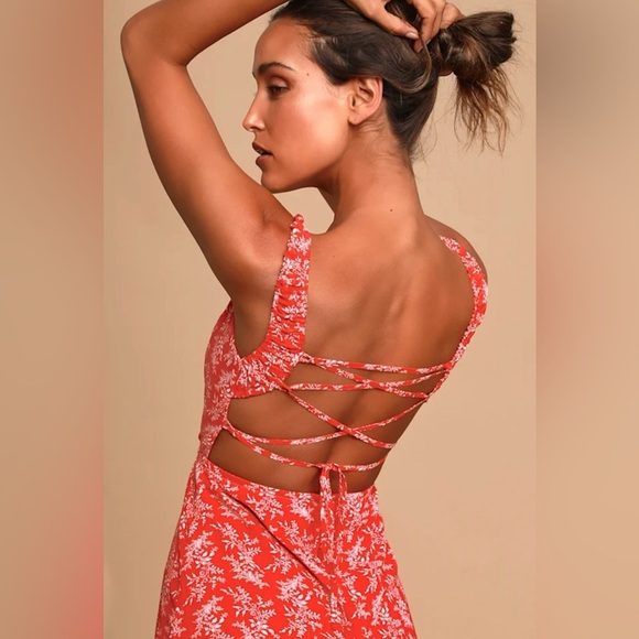 Lulus Back to Backless Red Print Lace-Up Backless Midi Dress Size Medium - Picture 4 of 7
